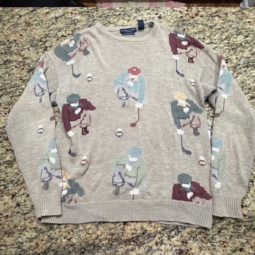 Northern Isles Mens Vintage Golf Sweater Ramie Cotton Hand Loomed Intarsia Large